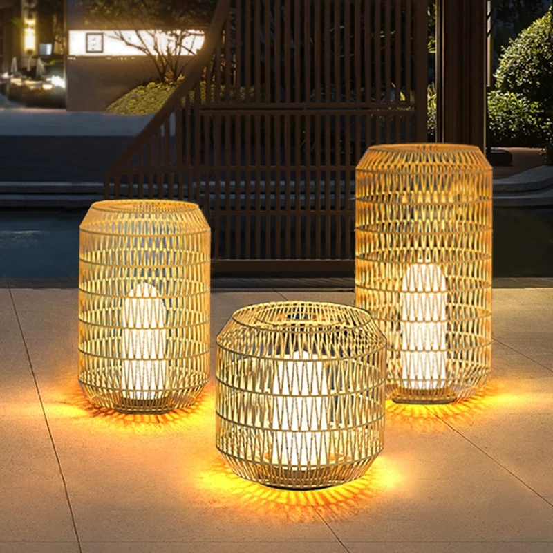Outdoor Waterproof Garden Landscape Lights Terrace Woven Resin Rattan Lamp Body with PC Lampshade Material for Lawn