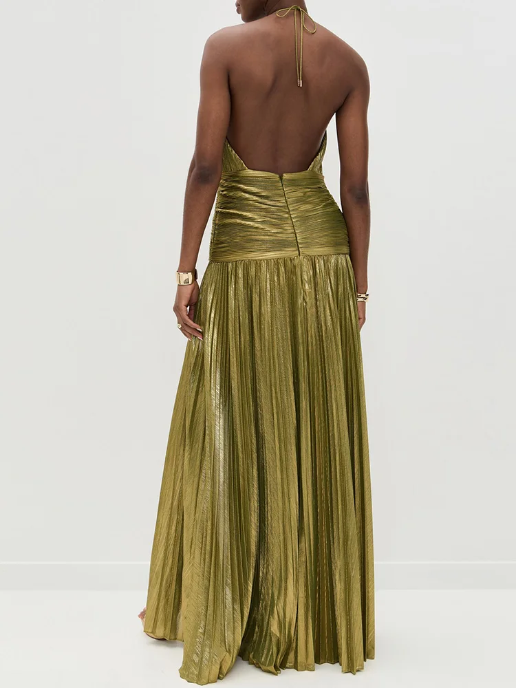 

Summer Women Holiday Patchwork Chic Party Dress, Sleeveless Halter Simple Elegant Maxi Dress, 2025 Backless Fashion Ladies Dress