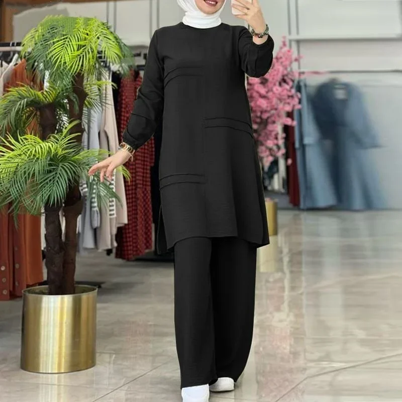 

Two-Piece Muslim Sets for Women, Long Sleeved Shirt, Wide Leg Pants Set, Islamic Clothes, Elegant Abaya, Monochromatic, 2021