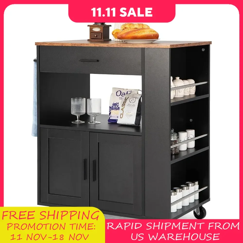 

Kitchen Island with 3 Spice Racks, Drawer, Open Shelf, 2-Door Cabinet, Towel Rack & 2 Lockable Casters, Rolling Kitchen Trolley