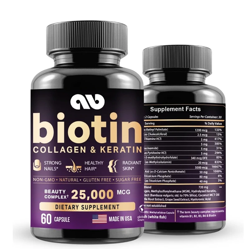 

Biotin contains hyaluronic acid, collagen, and keratin - nails and skin, B1, B2, B3, B6, B7 complexes -60 capsules