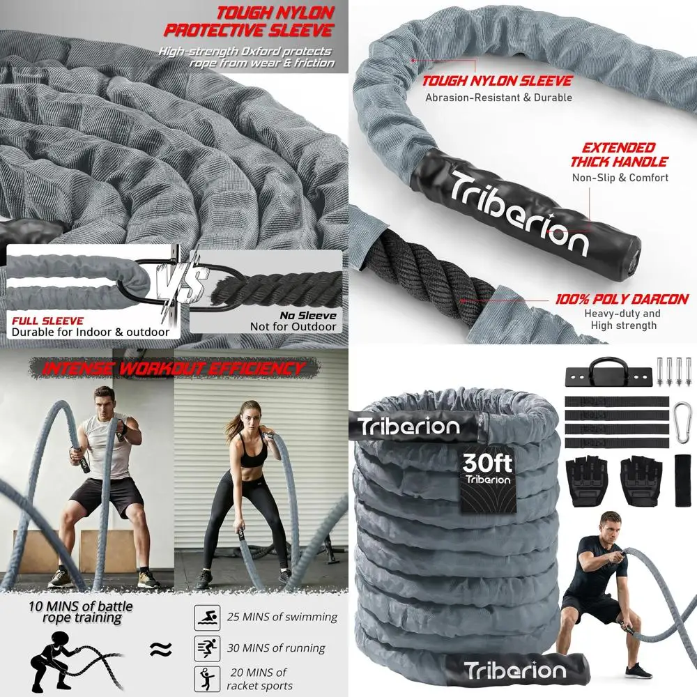 

Battle Rope For Home Gym Workout - 1.5 Inch 30ft Heavy Weighted Training Exercise Ropes Fitness Equipment With Sleeve And Anchor