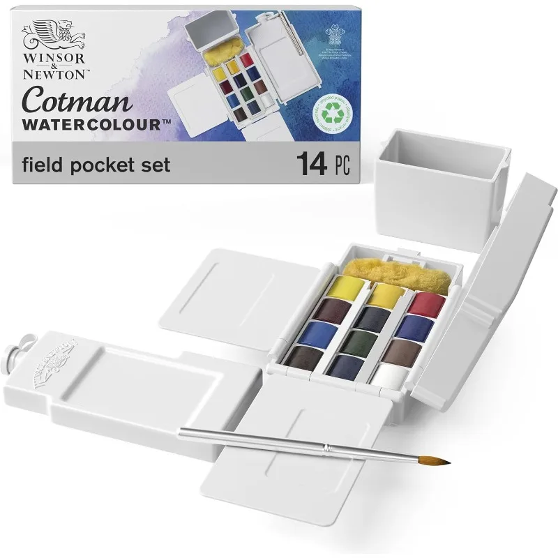 14pc-winsor-newton-cotman-paint-ad-acquerello-campo-pocket-set-12-mezza-vaschetta-con-pennello-bottiglia-di-spugna-per-pittura-ad-acqua-all'aperto
