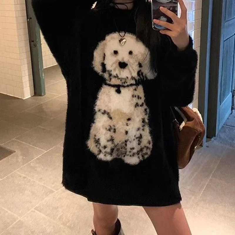 

Black Dalmatian Jacquard Knitted Sweater for Women in Autumn and Winter: Super-nice, thick, loose and lazy long-sleeved top.