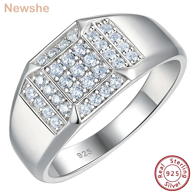 ​Newshe Solid 925 Sterling Silver Men's Rings Brilliant Round Cut 5A Grade Cubic Zircon Wedding  Ring for Him Fine Jewelry