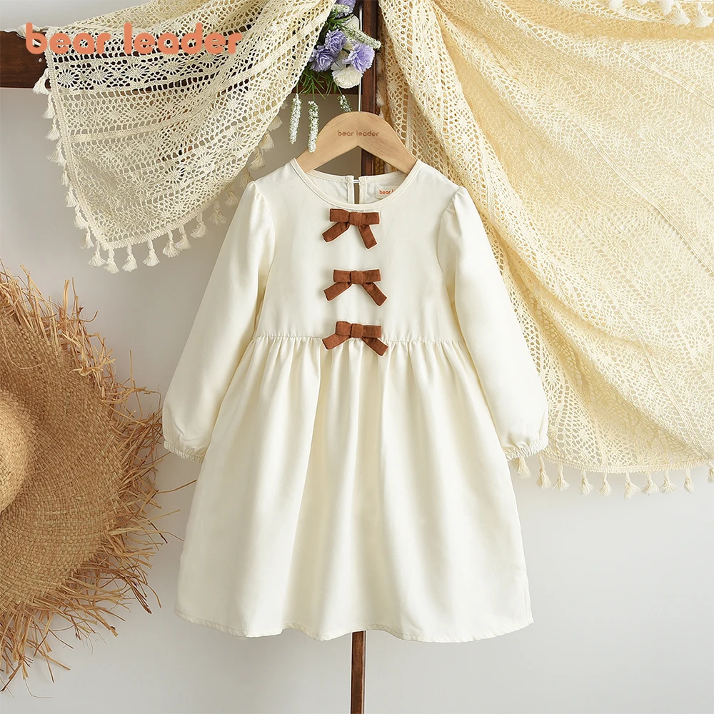 Bear Leader Spring and Autumn Beige Girls Casual Dresses Korean Version Fashionable Brown Bow Decoration Long Sleeved Dress