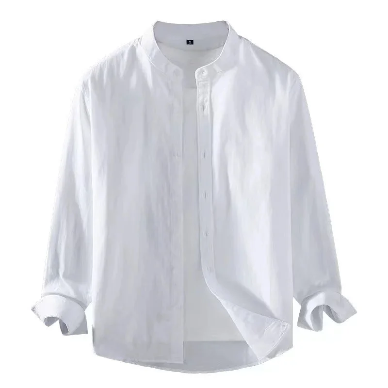 Camicia in lino 2024 colletto alla coreana manica lunga Henry bianco nero morbido confortevole semplice camicia da uomo primavera estate camicia tinta unita