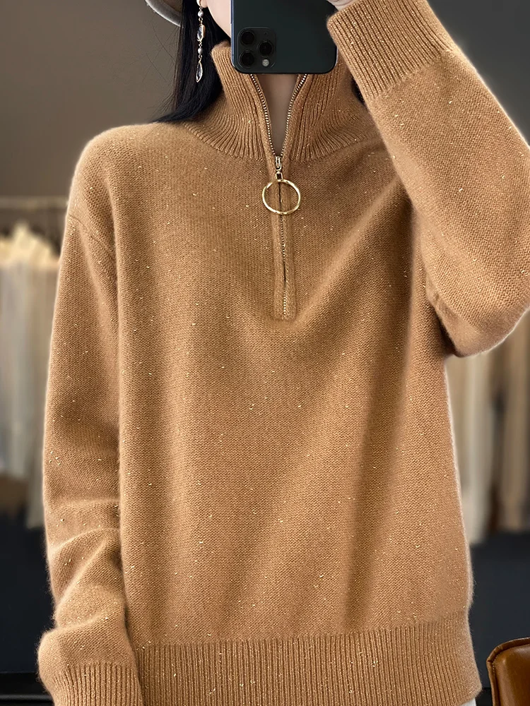 Mulheres outono inverno grosso pulôver turn down collar com zíper design 100% lã merino camisola de malha confortável quente topos