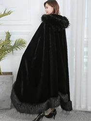 Nerazzurri black hooded cloak vintage women loose oversized long faux fur cape coat with faux  fox fur trim thick warm cloak