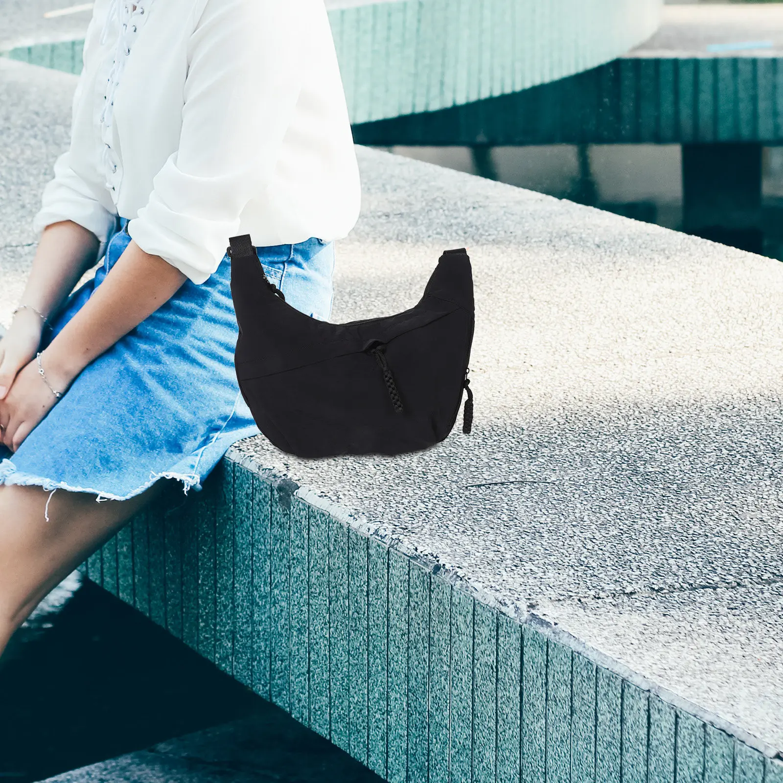 Chic Korean-Inspired Underarm Crossbody Bag for Women Spacious Casual Shoulder Sling Bag Lightweight Canvas Black Crescent