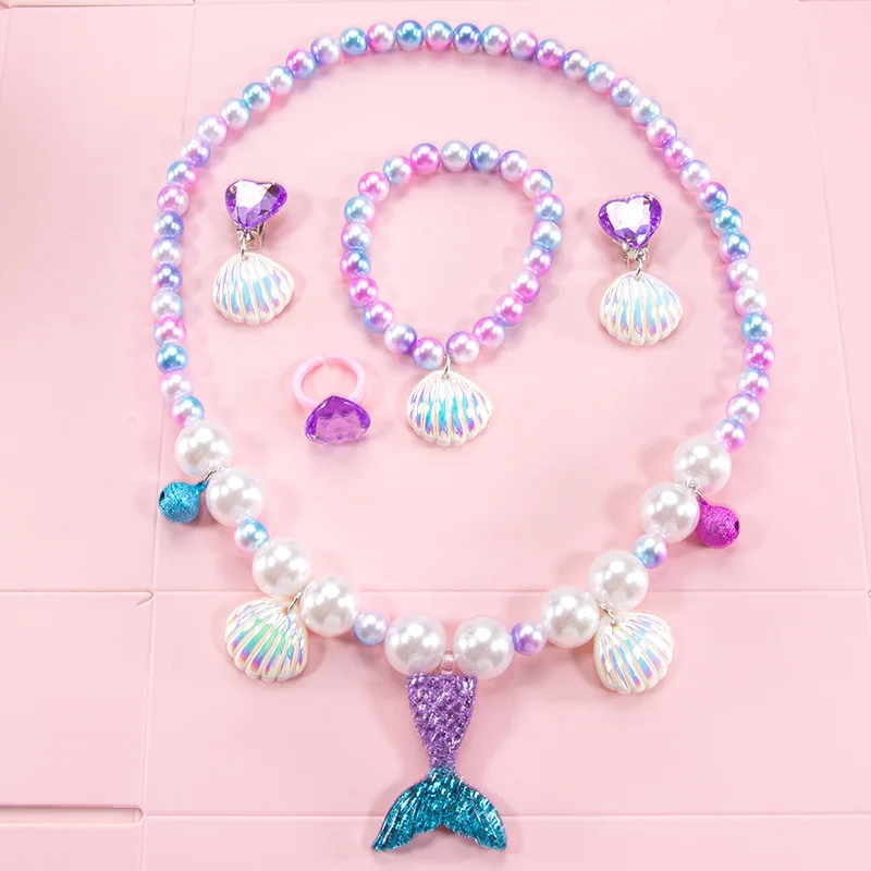 Girls Mermaid Shell Pearl Necklace Jewelry Pearl Necklace Bracelet Ring Ear Clips Shell Fish Tail Mermaid Pendant Jewelry Set view 2