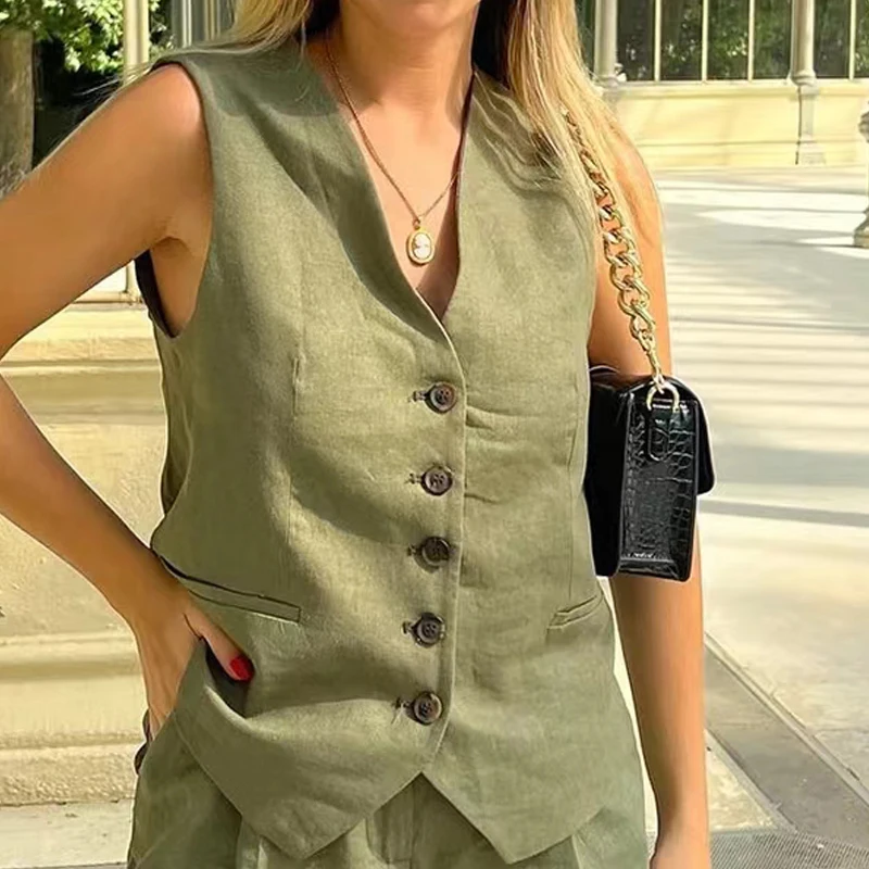 HXAO 2024 Women Solid Linen Waistcoat Fashion Summer Vest Women V-Neck Sleeveless Slim Single Breasted Gilets New In Outerwears