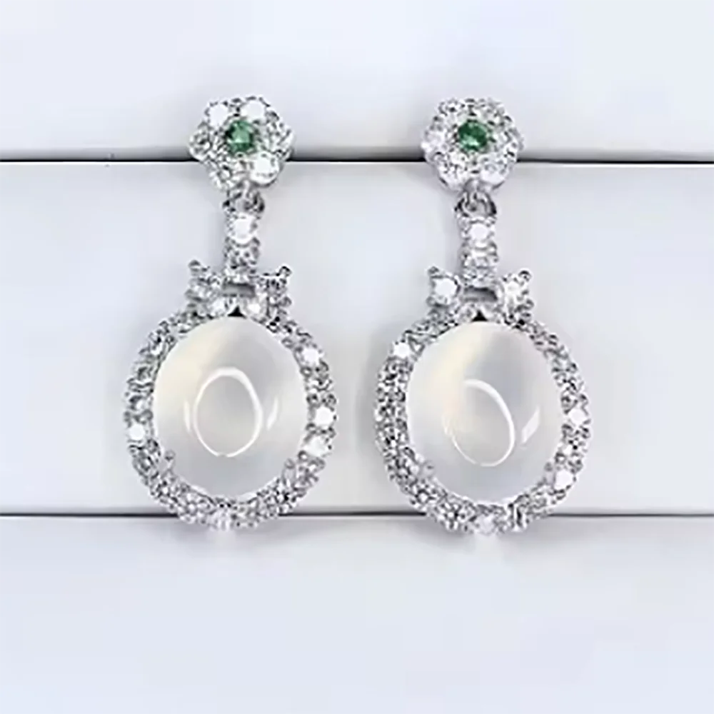 Luxury Gentle Style Translucent Natural Chalcedony Earrings Women 925 Silver Full Diamond Green Jade Earings J