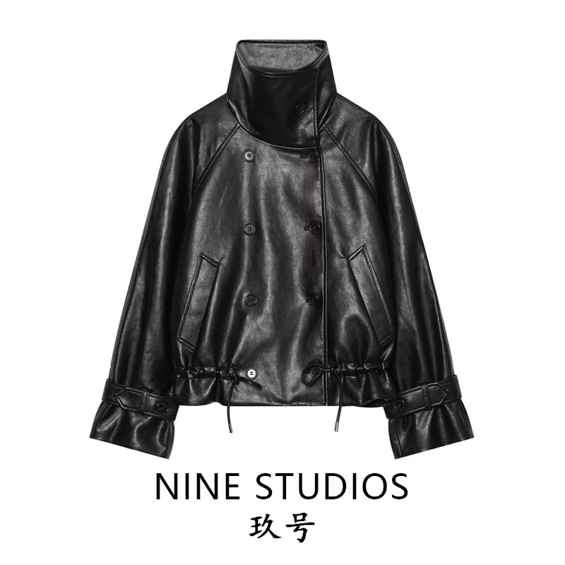 NINE ZAR Women's Biker Leather Jacket Drawstring Waist Chimney Collar Coated Coat Jacket Short Length Double Button Closure