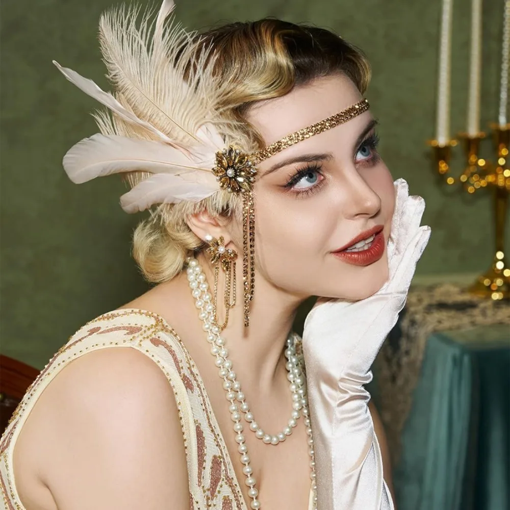 Vintage 1920s Feather Hairband Water Diamond Nude Pink Rhinestone Headpiece Chain Feather Headwear Brides Makeup