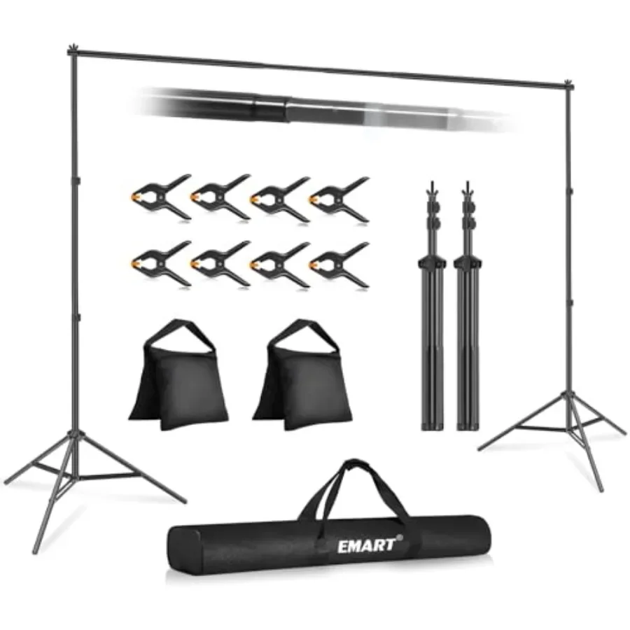 

EMART Backdrop Stand WxH Photo Studio Adjustable Background Stand Support kit with 2 Crossbars, 8 Clamps, 2 Sandbags and Carry