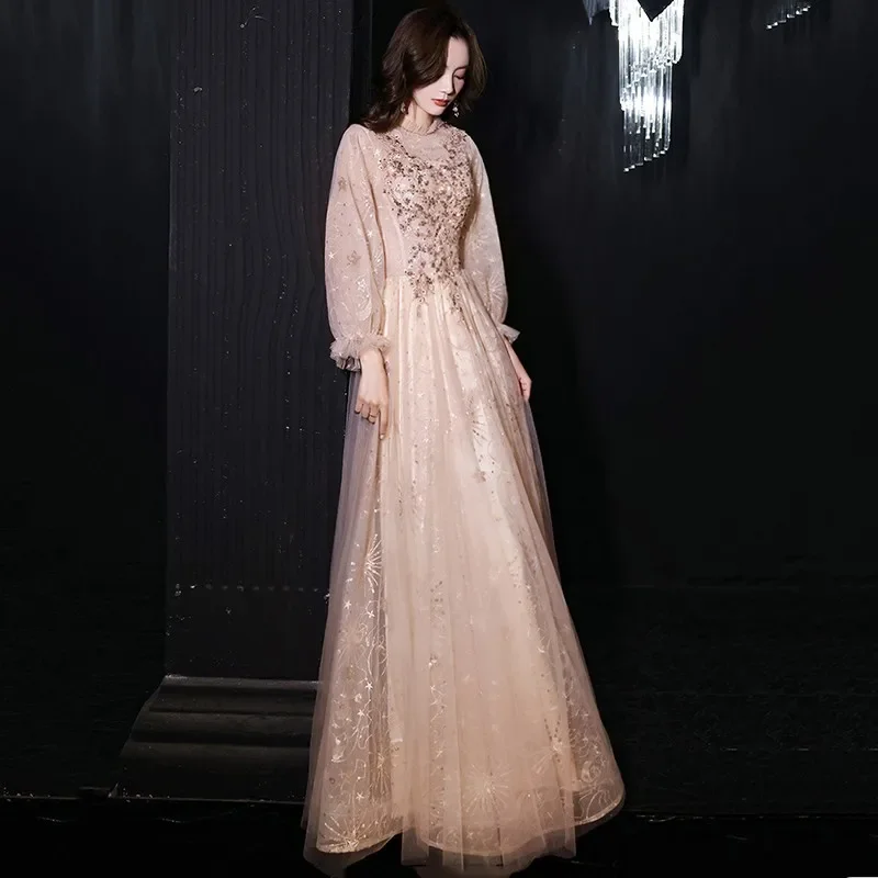 

Mesh Pleated Evening Party Dress Gown Perspective Long Lantern Sleeve Cheongsam Sexy Champagne Qipao Sequins Vintage Vestidos