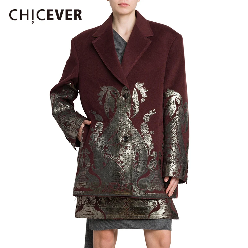 

CHICEVER Vintage Spliced Printing Blazers for Women Notched Collar Long Sleeve Patchwork Button Temperament Style Coats Female