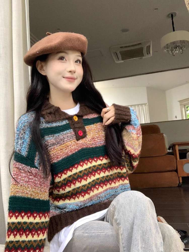 

Retro Color Blo Long Sve Knitted Sweater Women's Loose Fit Collared Top Faion Design Autumn Winter New Sle Casual Wear