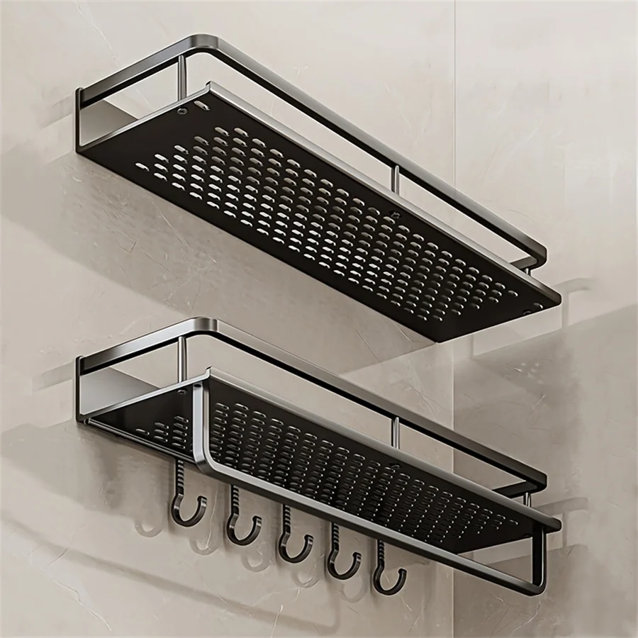 Aluminum Bathroom Supplies Storage Hook Shelf Multifunctional Wall Mounted Shelf Bathroom Towel Bar Bathroom Items Storage Rack