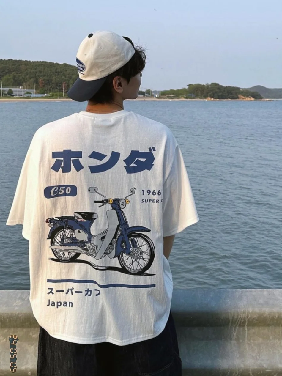 

Heavyweight Pure Cotton Motorcycle Print f Sve T-irt Women's Summer Casual Streetwear Loose Fit Classic Pattern