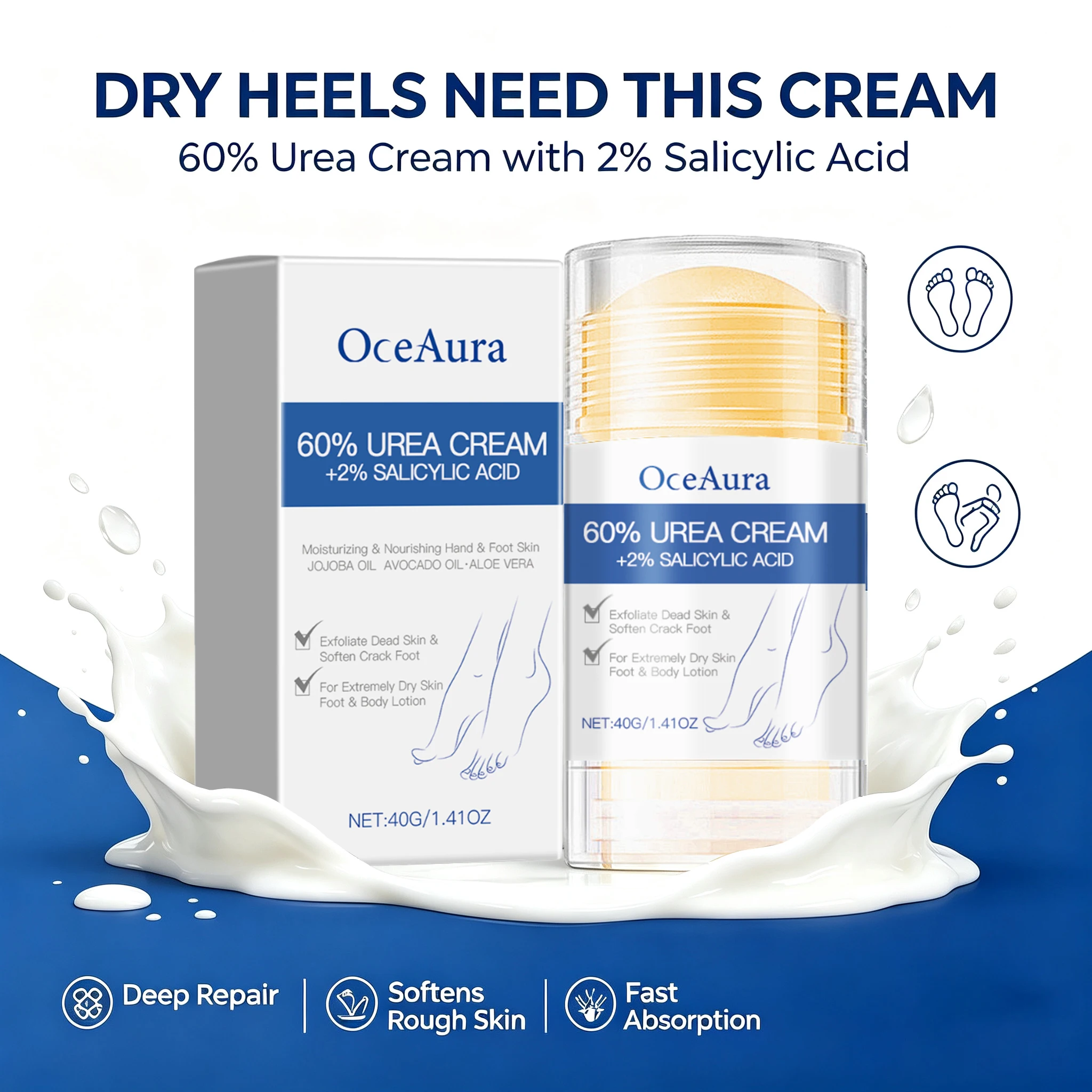 60% Urea+2% Salicylic Acid Heel Balm Stick for Severely Cracked Heels Callus Remover Ultra Moisturizing Rough Elbows Foot Care