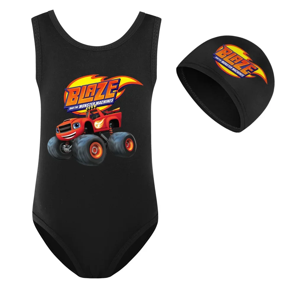 Boy Swimwear Cartoon Blaze Speed Car Monster Machines Baby Girl Swimsuit Swimming Cap Set Children Movement Outfit Free Shipping