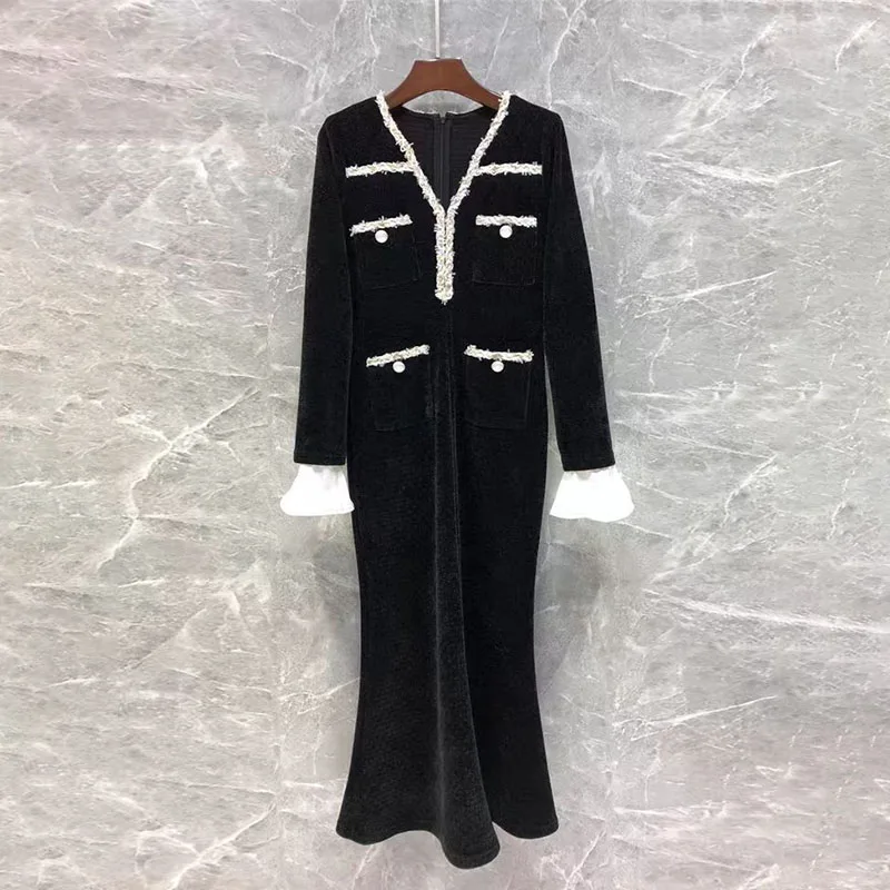 Woman clothing y2k fall and winter pearl knit fishtail dress woven V-neck Dresses2024 waist thin new long dresses Party dresses