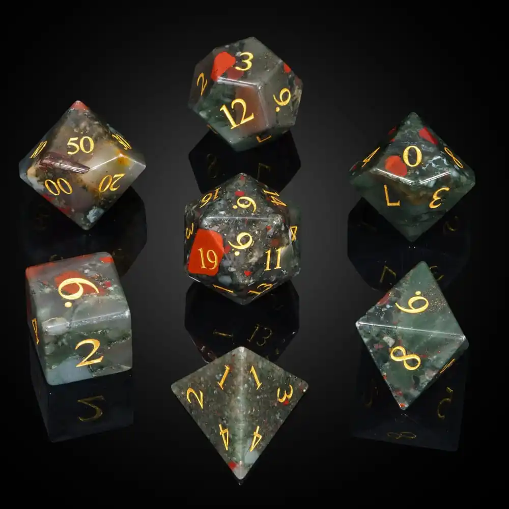 

Cusdie 7Pcs Blood Stone Dice DND Handmade 16mm D4-D20 Polyhedral Gemstone Dice Set with Leather Box D&D Dices for Collection