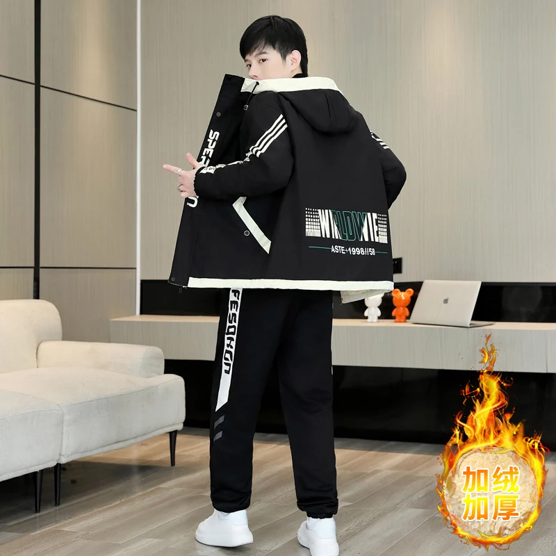 الشتاء سميكة الرجال التغلب على سترة مجموعات دافئة وسيم مقنعين قطعتين مجموعة زائد المخملية عالية الجودة الدافئة رياضية