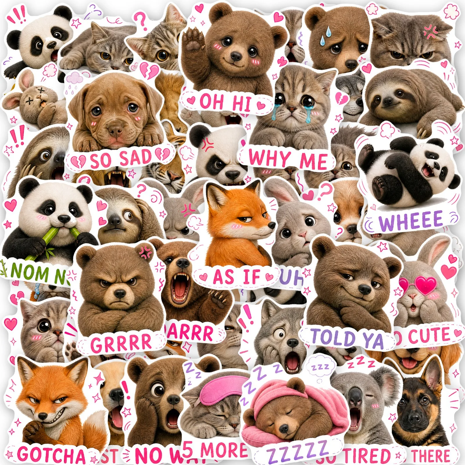50 Pcs Realistic Small Animal English Stickers Cartoon English Phrase Waterproof Vinyl Decals for Journal Laptop