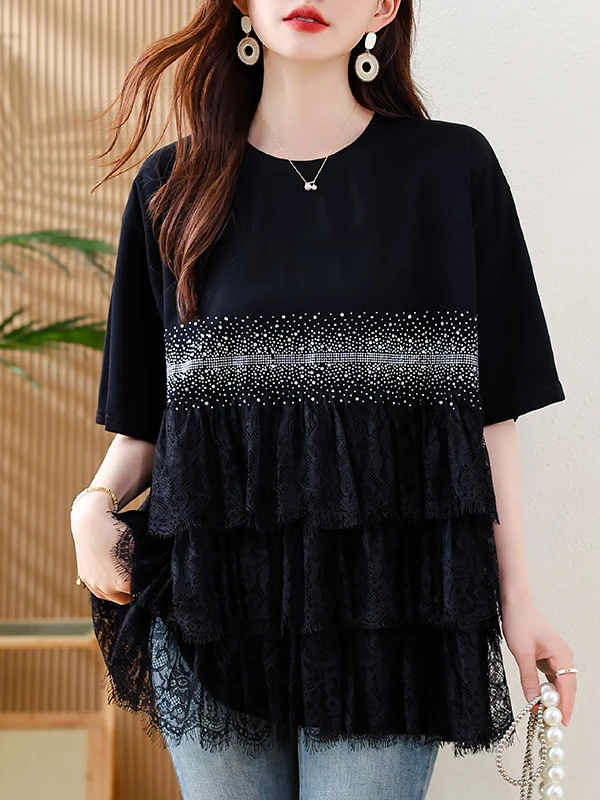 Lässiges Spitzen-Splice Ort Sve Damen-T-Shirt, Sommer, neues Sle Ele-Design, rundes, mittellanges, lässiges Top für Damen