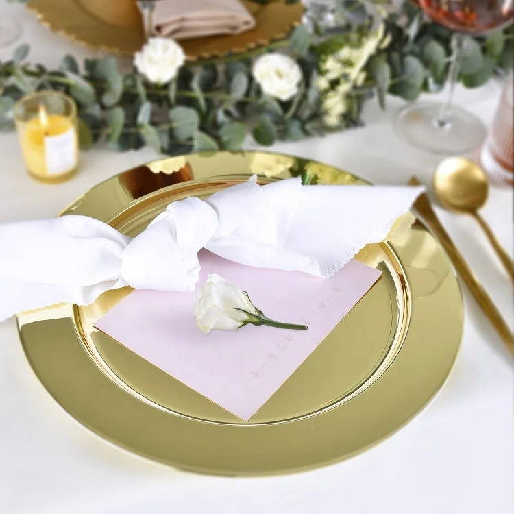 Factory Bulk Sale 13inch Round Wedding Table Decoration Reusable Gold Silver Stainless Steel Charger Plate for Wedding Party