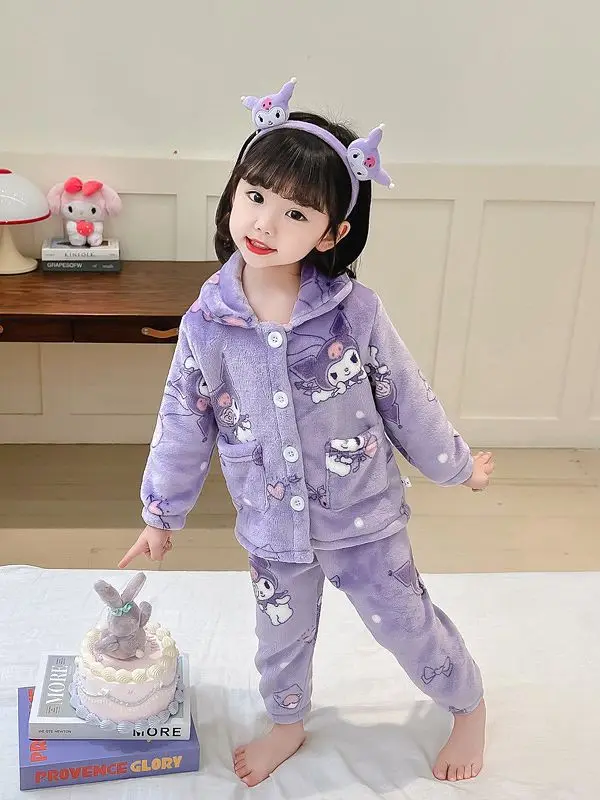 

Sanrio Kuromi Girls Flannel Pajamas Kids Cartoon Long Sleeve Nightwear Casual Loose Homewear Children's Autumn Winter Clothing