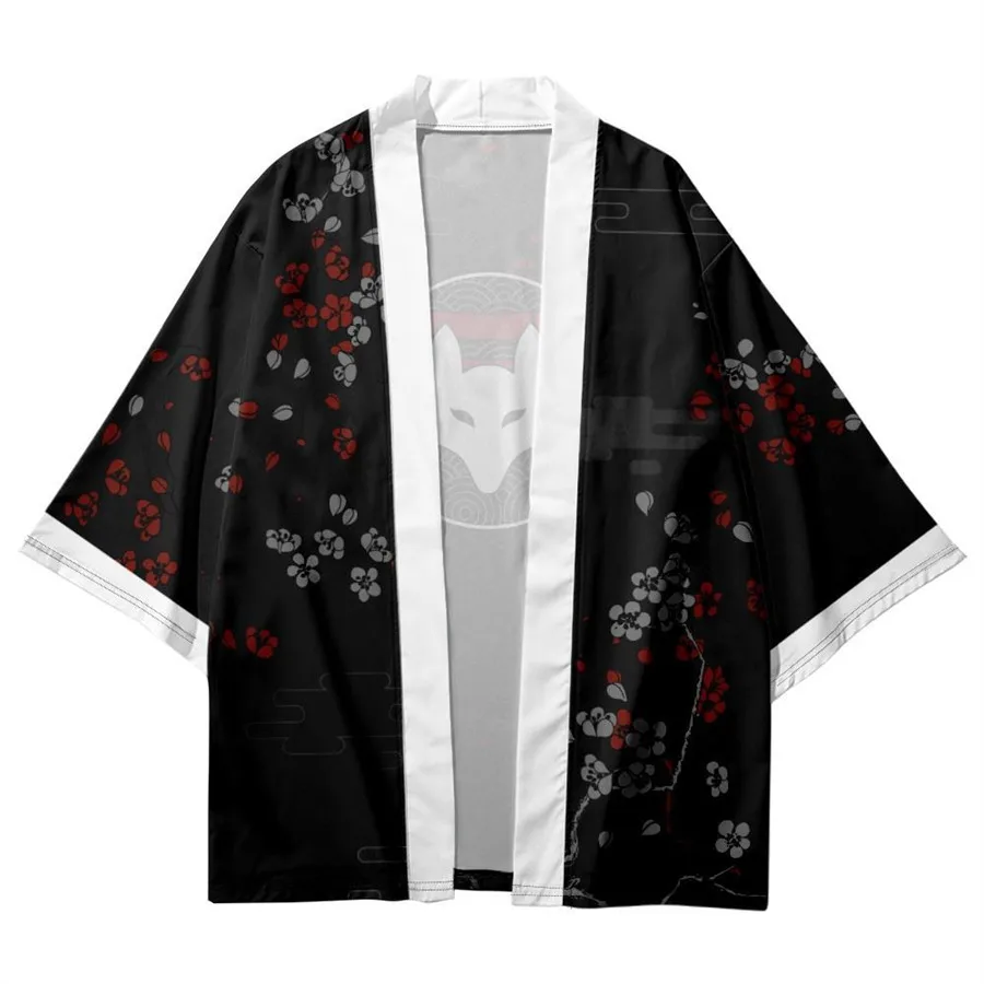 Fox Pattern Shirts Black Coat Traditional Kimono Men Women Yukata Japanese style Streetwear Cardigan Cosplay Haori