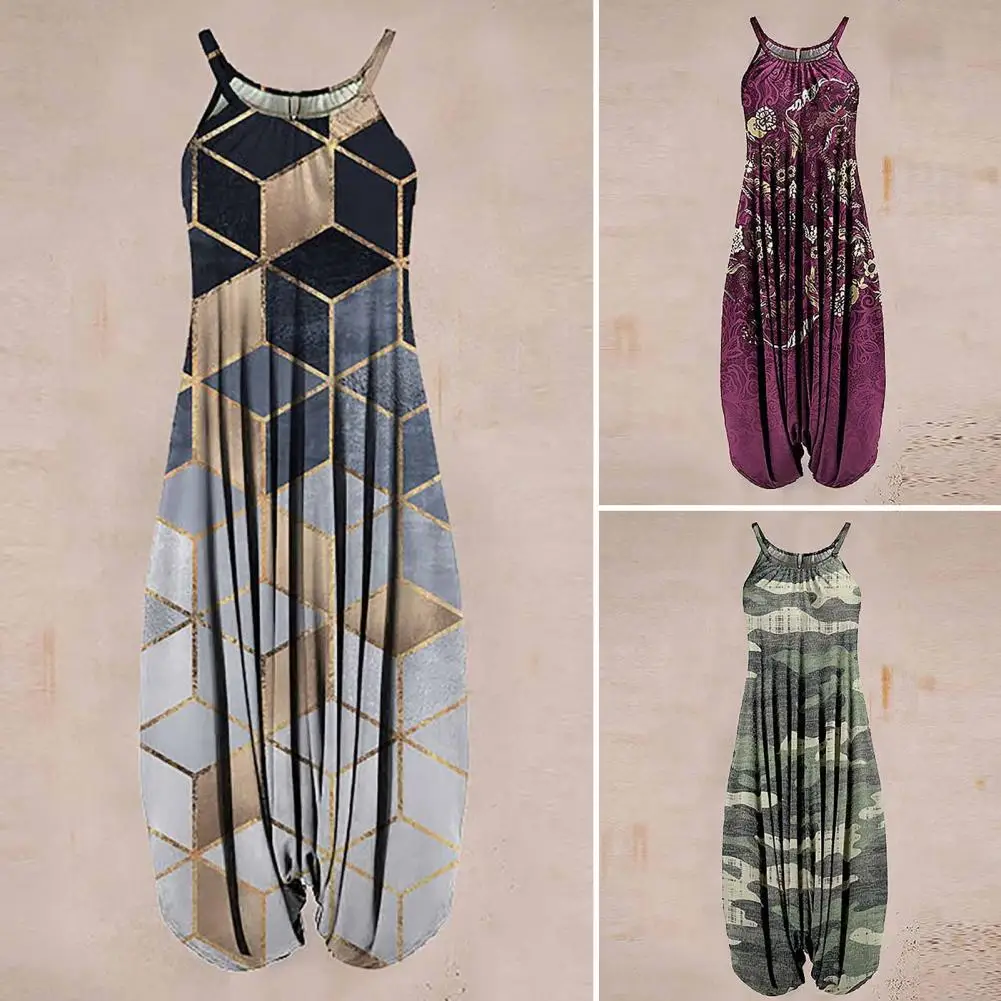 Jumpsuit Selempang Wanita Terusan Kaki Lebar Jumpsuit Romper Harem Longgar Geometris Boho Motif Bunga Tanpa Lengan Garmen Wanita Musim Panas