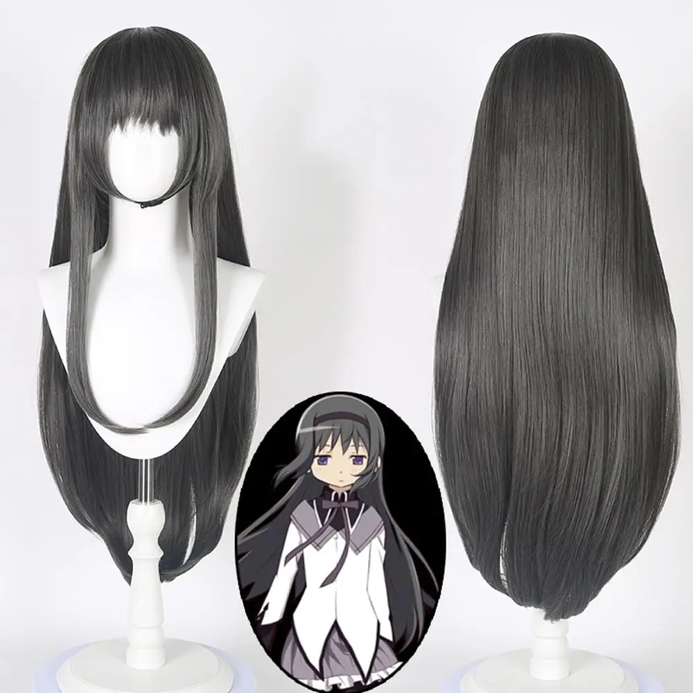 Anime Homura Akemi Wig for Cosplay Costume Wig Halloween Synthetic Long Dark Grey Straight Wigs Hair Anime Party Wigs