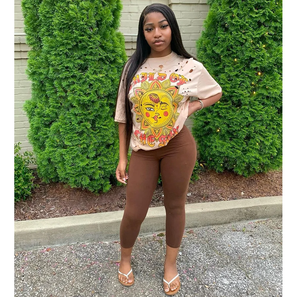 Damen ort Sve T-Shirt, lässig, SLE Thiened Baumwolle, bedruckt, gebrochenes Loch-Design, lockere Passform, Herbstkleidung, Damen-Top