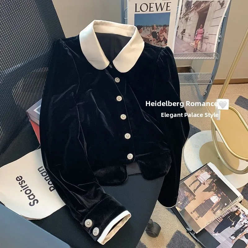 Fashionable Velvet Doll Collar Shirt Women's Top Elegant Ageless Chic Small Size Autumn Trendy Ladylike French Style Loose Fit