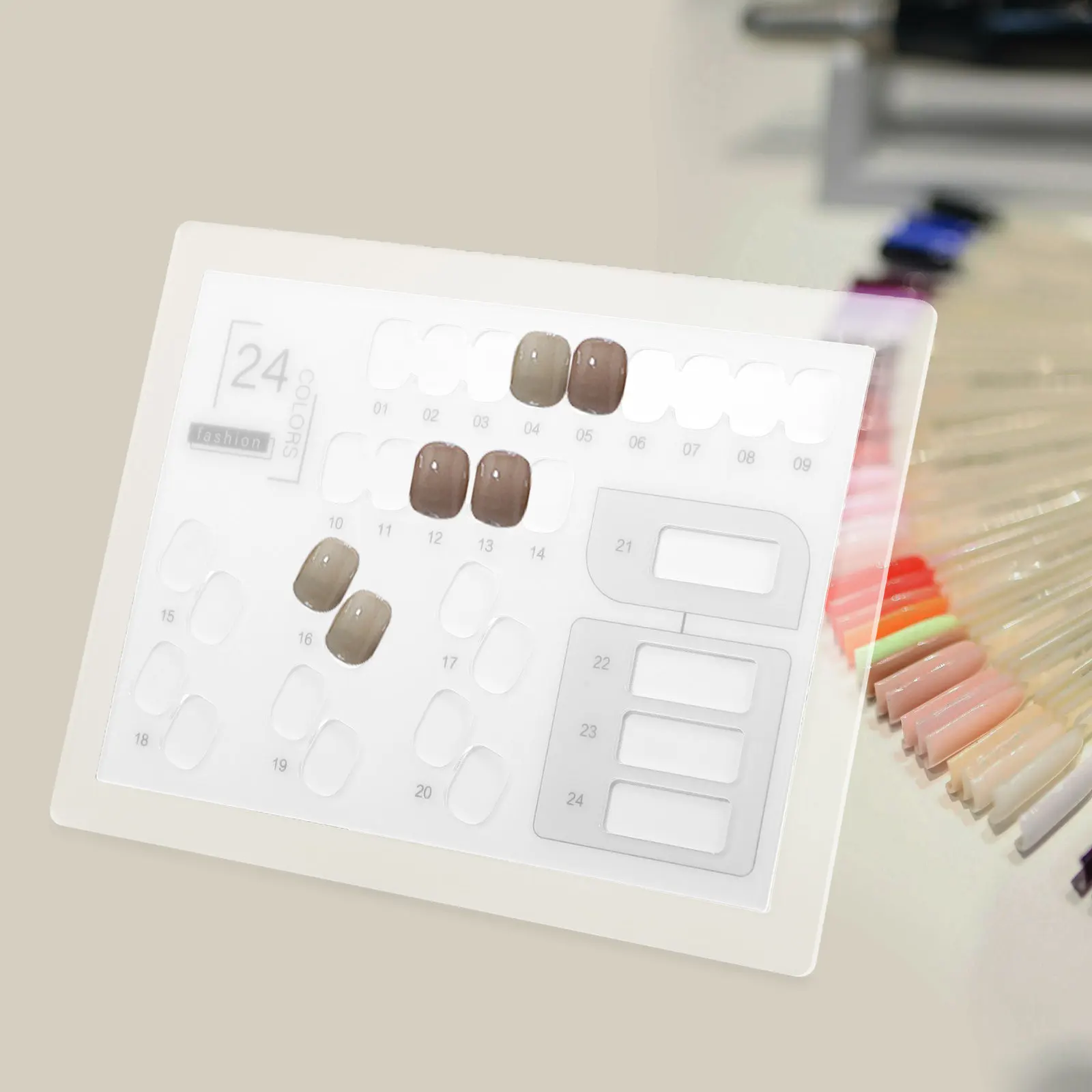 

24-Color Acrylic Nail Art Display Board Sturdy Clear Nail Tips Sample Chart for Salon Manicure Practice and Color Selection