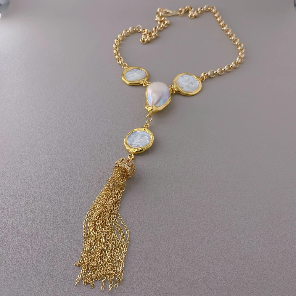 

YYGEM богемная морская ракушка резные бусины для монет на лице белый реборн кеши жемчуг лицо барокко жемчуг кисточка ожерелье ювелирные изделия