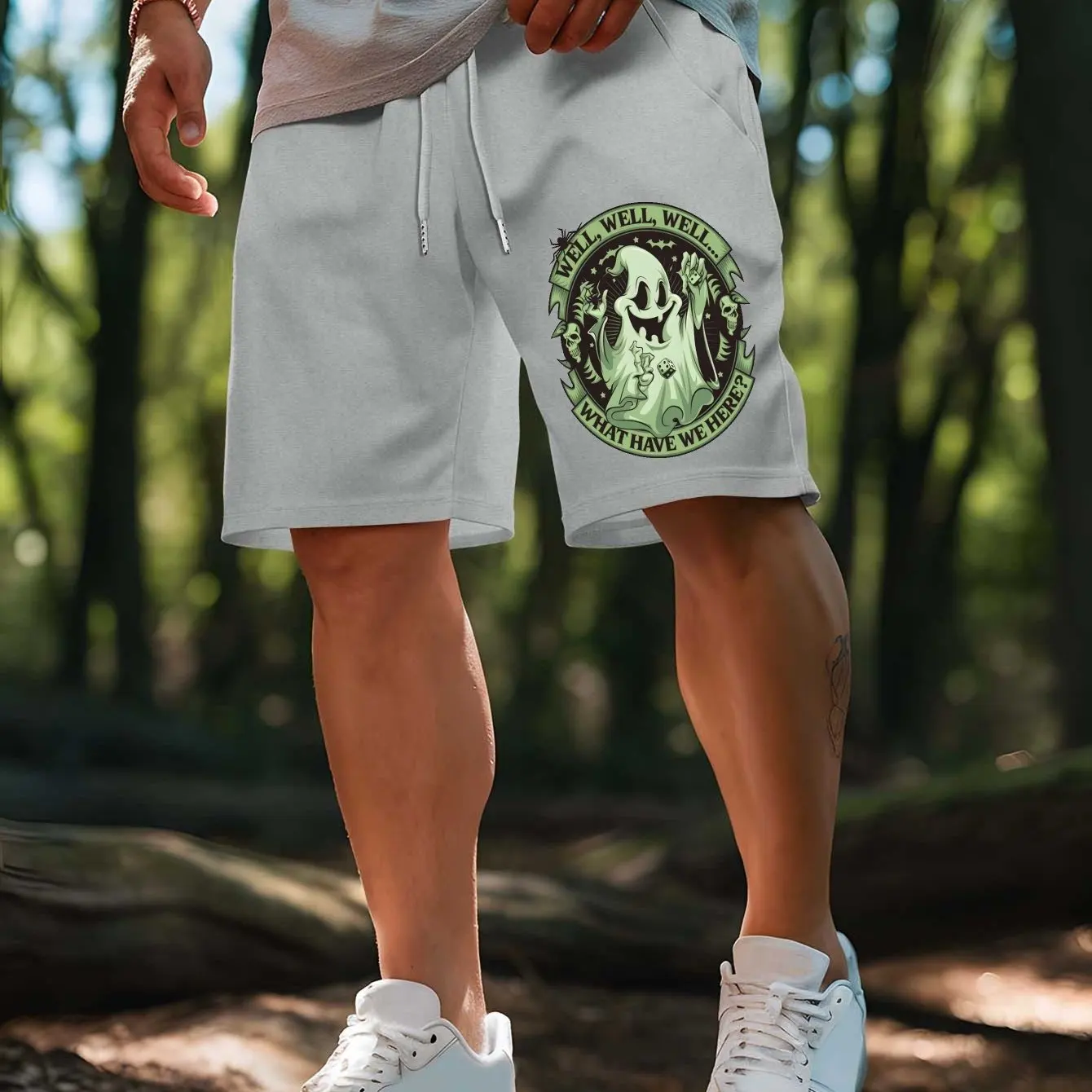 Men's Gothic Style Skull Print Casual Shorts Elastic Waistband Drawstring Summer Swimming Shorts Halloween Costume