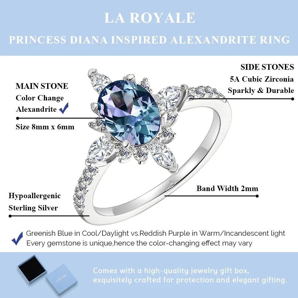 

925 Sterling Silver Color Change Gemstone Jewelry Beautiful Cluster Alexandrite Engagement Ring for Women Jewellery