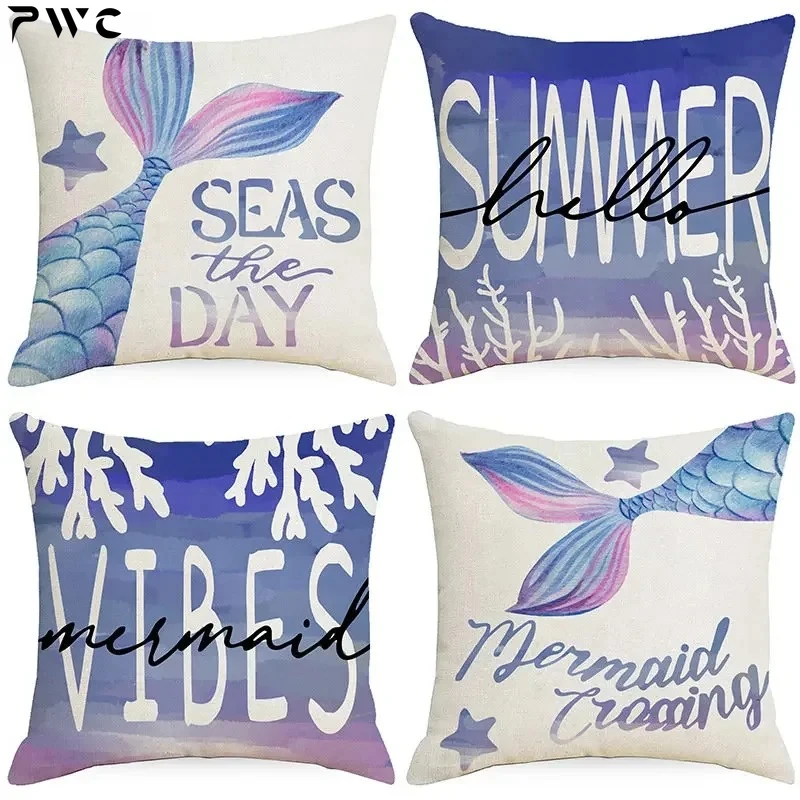 

45x45CM Purple Pillow Cushion Cover Summer Ocean Pillowcase Mermaid Print Sofa Cushion Throw Pillow Home Decor Pillowcase New