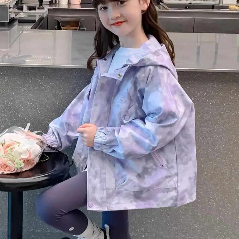 Girls Hooded Jacket with Bow Decor Kids Casual Zip Up Windbreaker Loose Elastic Hem Outerwear for Little Girls Autumn Daily Wear