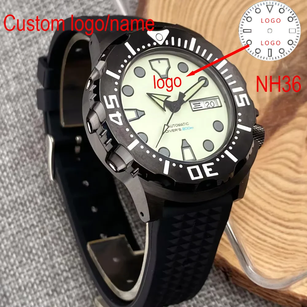 

Custom 42mm Tandorio 200M Diving Sapphire Crystal Monster Full Luminou Dial NH36 Men Automatic Black PVD Watch 3.8 o'clock Crown