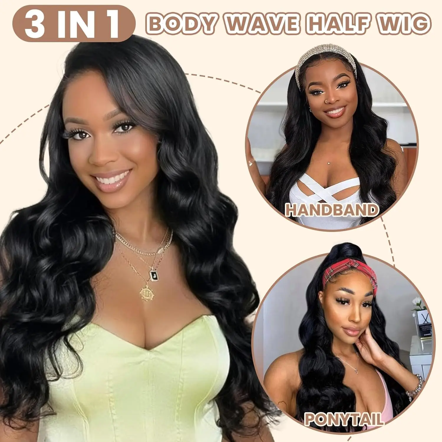 

Body Wave Half Wig 3 In 1 Wear and Go Glueless Wigs Human Hair Seamless Half Wigs Flip Over Wig Drawstring Beginner Friendly