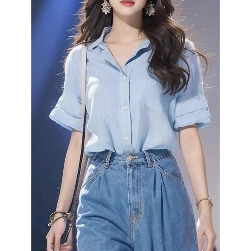 Shirts met korte mouwen Dames zacht comfortabel linnen overhemd Oversized losse pasvorm Button Up Casual Turn Down kraag Elegante zomer