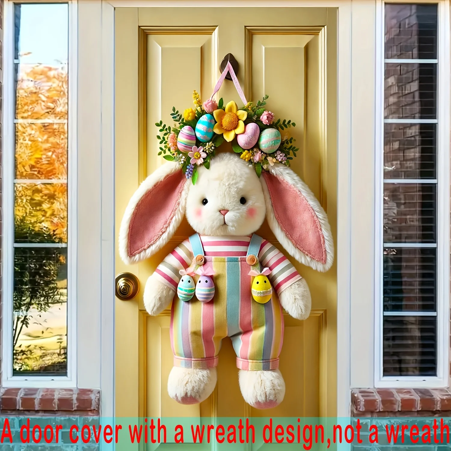 Easter Bunny with Egg Wreath Door Cover Polyester, no power required, suitable for spring doorway and room decoration