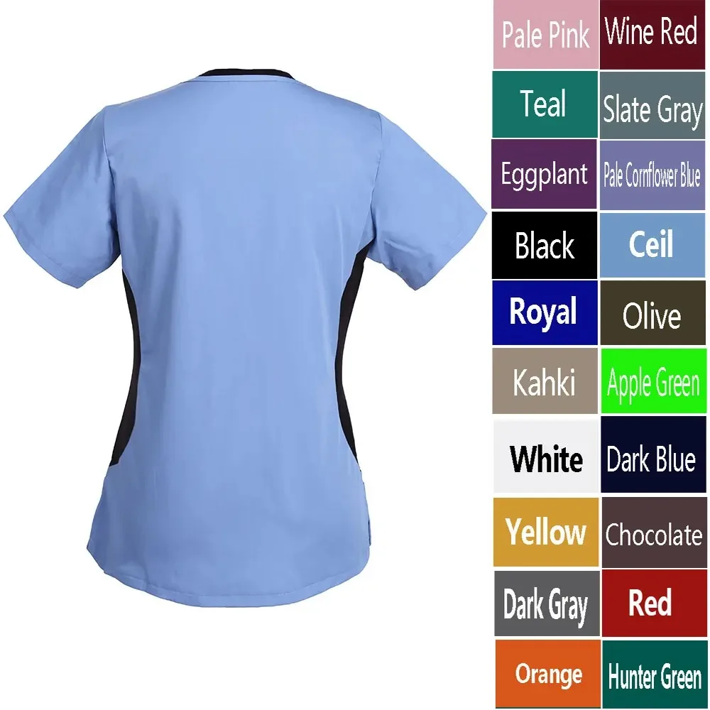 Women's Scrub Top Nursing Uniform Blouse Short Sleeve V-neck Working Top with Pockets